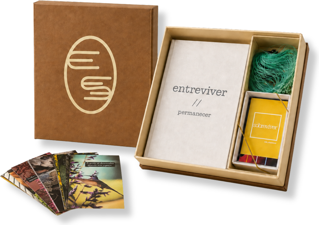 Kit exclusivo de ENTREVIVER // PERMANECER: caixa em papel kraft, o livro, o caderno sobreviver, cartões fotográficos e um novelo de linha